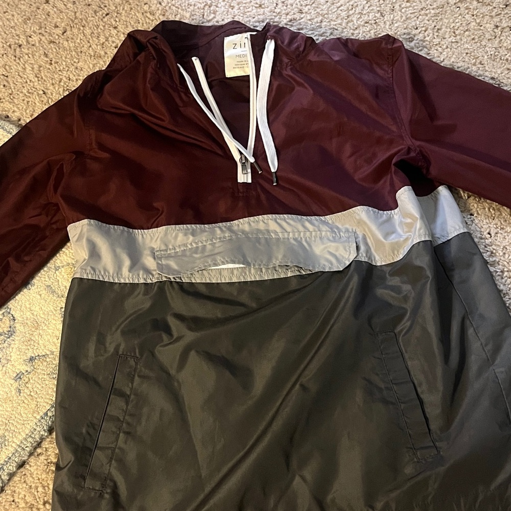 Zine Clothing Colorblock Bomber Pullover Jacket in Burgundy, Gray, and Silver